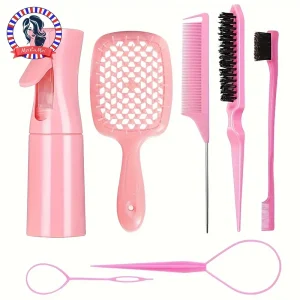 Hair Styling Kit for All Hair Types - 7Pcs Set with Detangler Brush & Comb; Double-Sided Edge Brushes.
