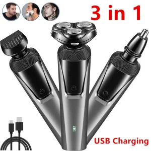 Electric Shaver Men 3 changeable Heads, Wet Dry Motor, USB, Nose Hair Trimmer