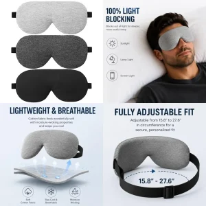 3 Pack Sleep Eye Masks Organic Cotton Cool Bamboo 100% Light Blocking.