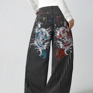 American High-Street Double Koi Embroidery Black And White Striped Loose Jeans Y2K Trendy Street Fashion High-Waist Wide-Leg Pants